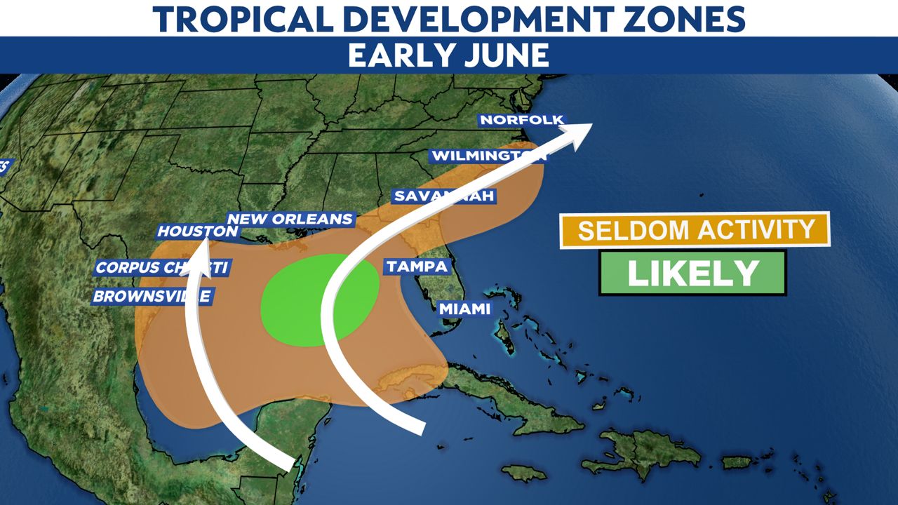 Where tropical systems tend to develop in June