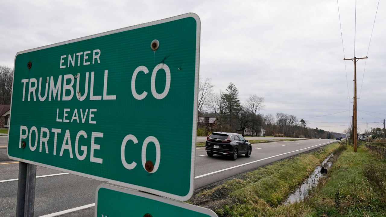 A car enters Trumbull County on Nov. 17, 2021, near Warren, Ohio. (AP Photo/Tony Dejak, File)