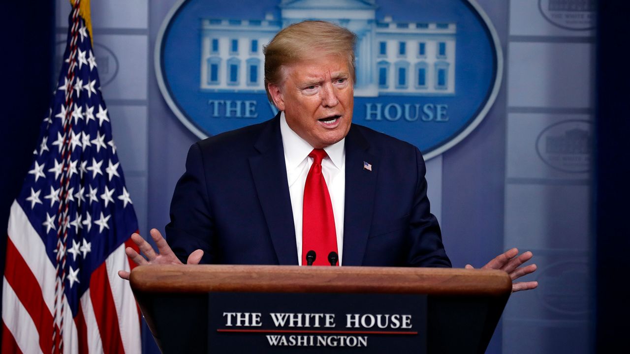 President Donald Trump speaks about the coronavirus in the James Brady Press Briefing Room of the White House, Wednesday, April 22, 2020, in Washington. (AP Photo/Alex Brandon)