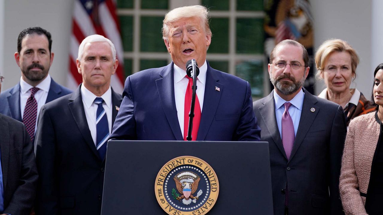 President Donald Trump speaks during a news conference about the coronavirus in the Rose Garden of the White House, Friday, March 13, 2020, in Washington. (AP Photo/Evan Vucci)