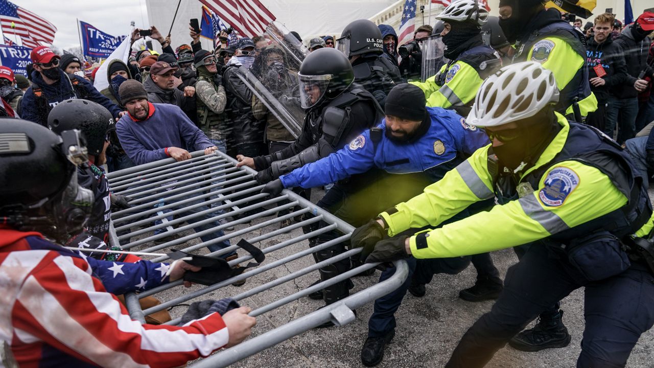 Pro-Trump supports fight over a gate with capitol police officers. (AP Image/File)