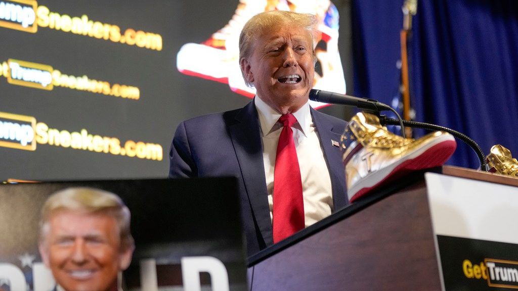 Republican presidential candidate former President Donald Trump attends Sneaker Con Philadelphia, an event popular among sneaker collectors, in Philadelphia, Saturday, Feb. 17, 2024. Trump announced a line of shoes bearing his name. (AP Photo/Manuel Balce Ceneta)