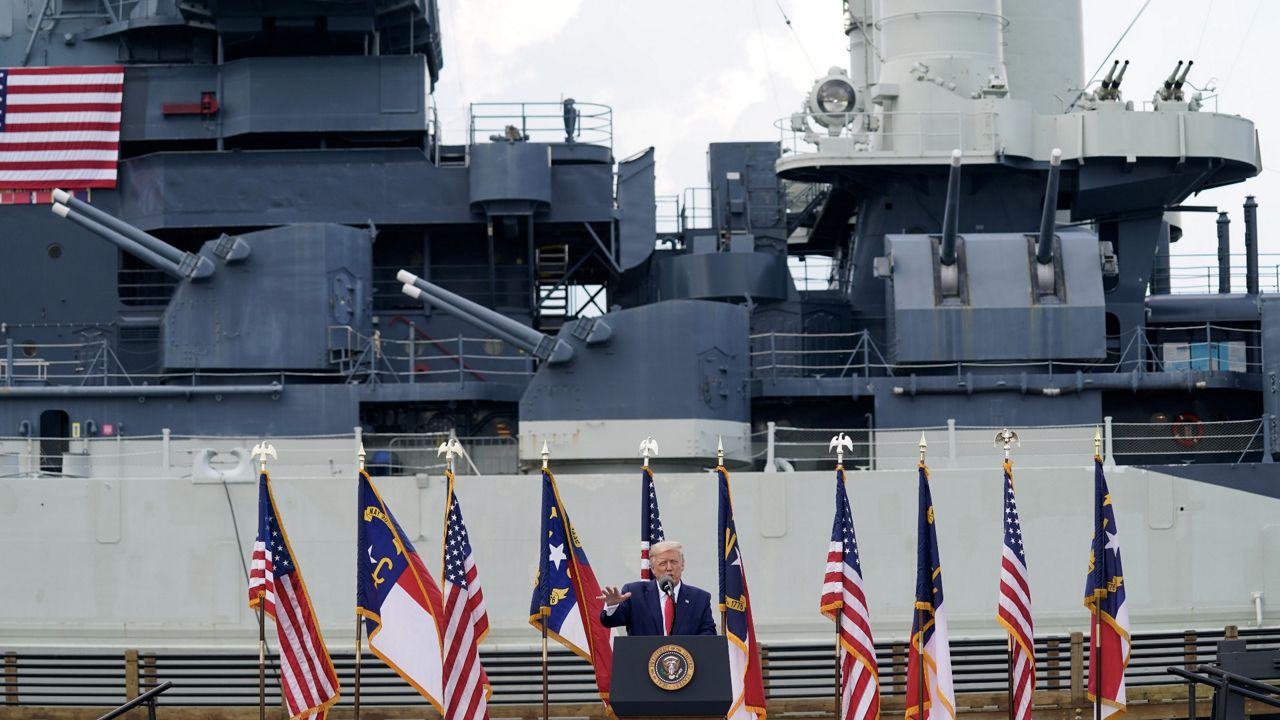 President Trump speaks in Wilmington aboard Battleship North Carolina