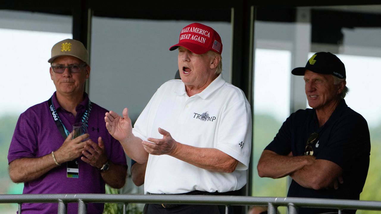 Former President Donald Trump watches LIV Golf at Trump National Golf Club in Sterling, Va., on May 27. (AP Photo/Alex Brandon)