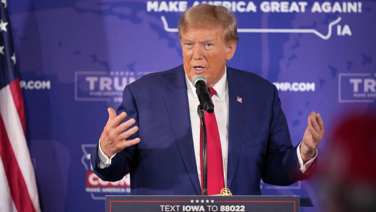 Former President Donald Trump speaks during a Commit to Caucus rally, Saturday, Dec. 2, 2023, in Ankeny, Iowa. (AP Photo/Matthew Putney)