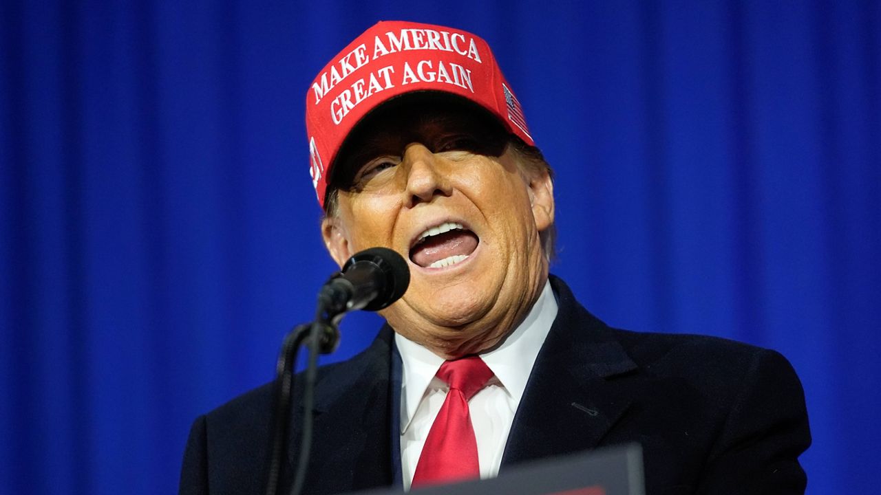 Republican presidential candidate former President Donald Trump speaks at a campaign rally in Waterford Township, Mich., Saturday, Feb. 17, 2024. (AP Photo/Paul Sancya)