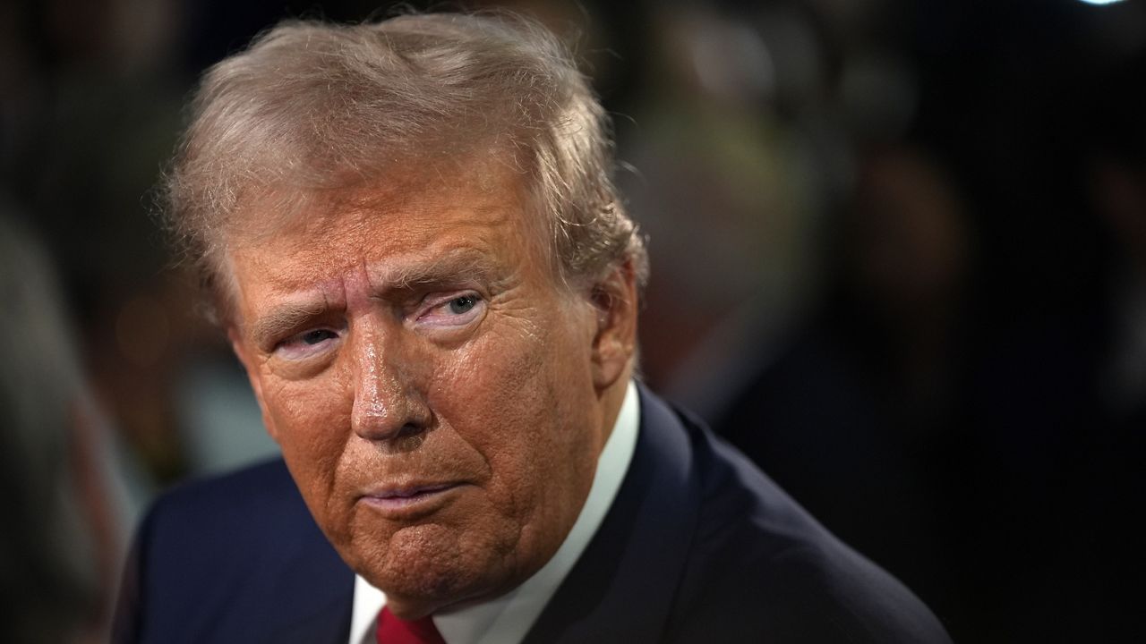 Republican presidential nominee and former President Donald Trump speaks to reporters in the spin room after a presidential debate with Democratic presidential nominee and Vice President Kamala Harris, Tuesday, Sept. 10, 2024, in Philadelphia. (AP Photo/Matt Slocum)