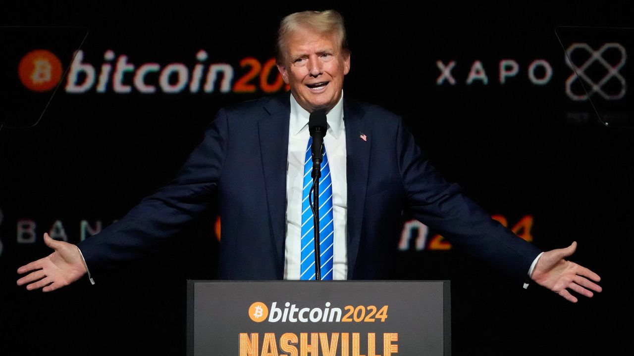 Donald Trump, then Republican candidate for president, speaks at the Bitcoin 2024 Conference, July 27, 2024, in Nashville, Tenn. (AP Photo/Mark Humphrey, File)