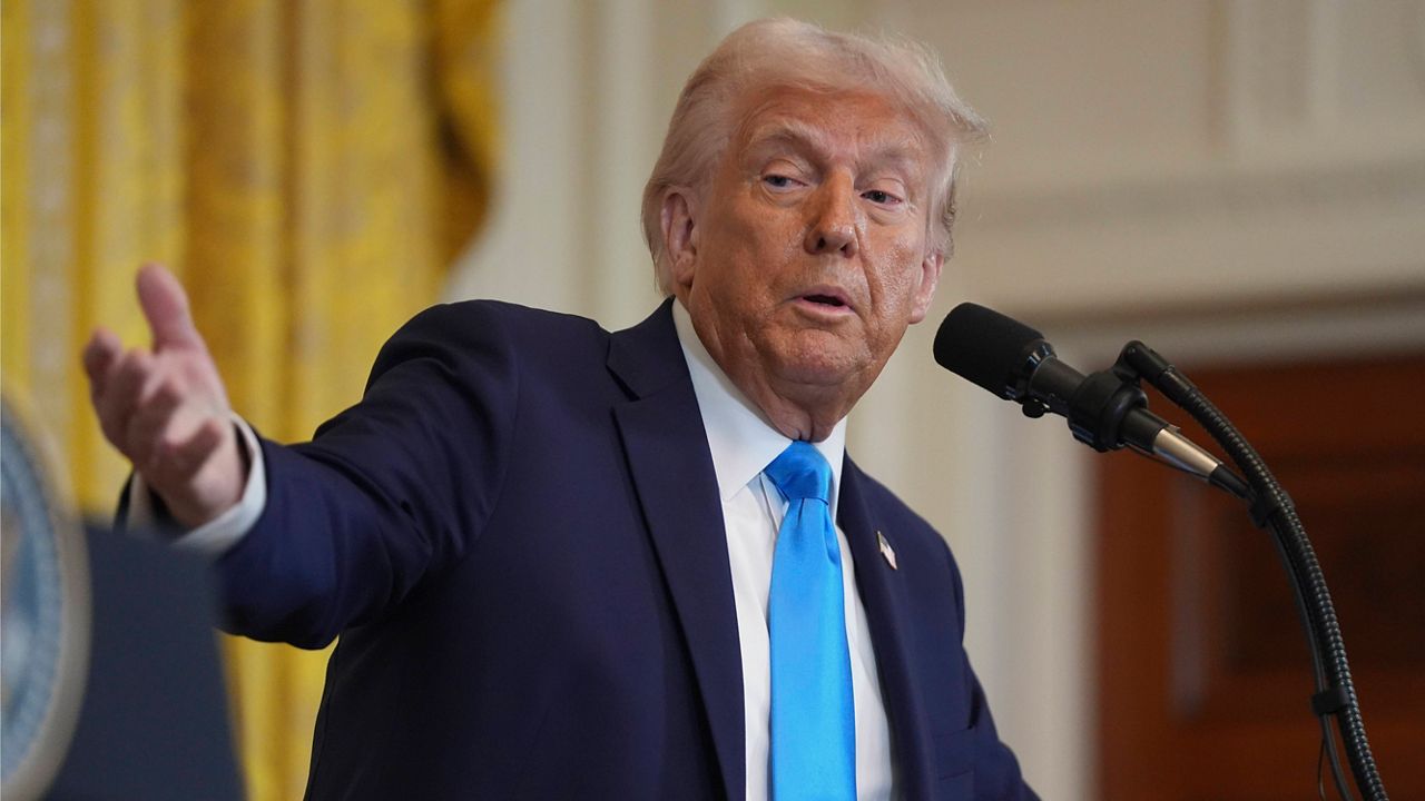 President Donald Trump speaks during a news conference with Israel's Prime Minister Benjamin Netanyahu in the East Room of the White House, Tuesday, Feb. 4, 2025, in Washington. (AP Photo/Evan Vucci)