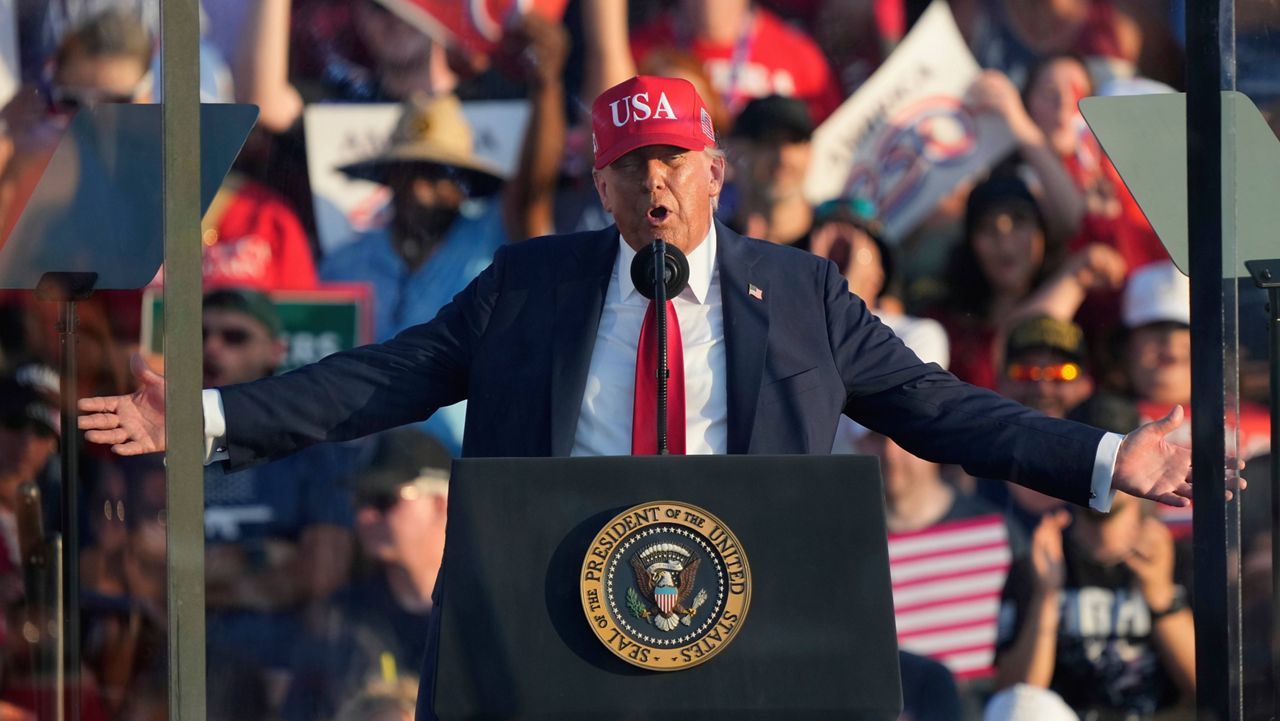 President Donald Trump speaks at a rally at the Iowa State Fairgrounds, Thursday, July 3, 2025, in Des Moines, Iowa. (AP Photo/Charlie Neibergall)