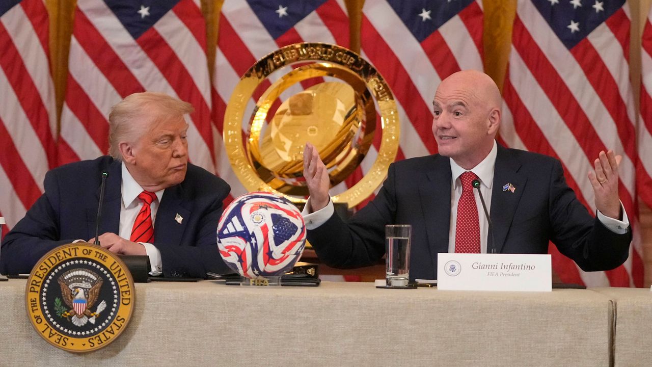 President Donald Trump listens as FIFA President Gianni Infantino speak during a FIFA task force meeting on the 2026 FIFA World Cup in the East Room of the White House, Tuesday, May 6, 2025, in Washington. (AP Photo/Mark Schiefelbein, File)