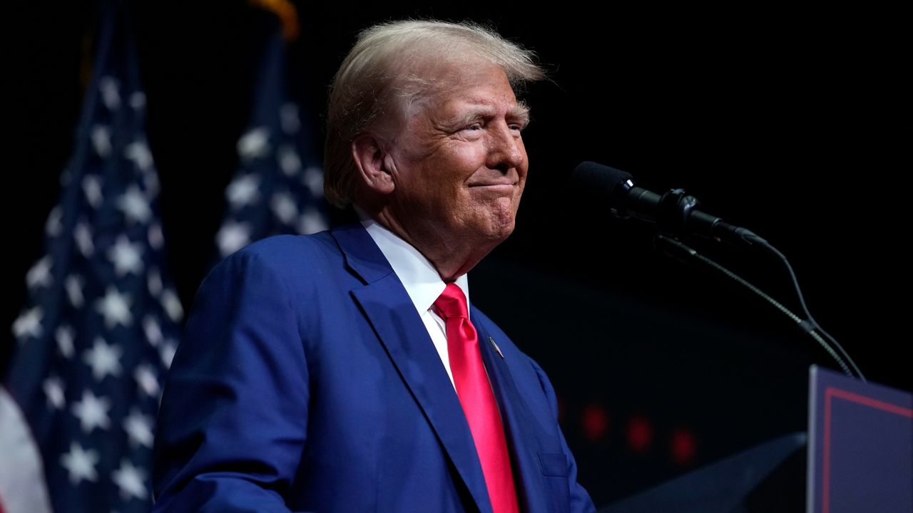 Republican presidential nominee former President Donald Trump speaks at a campaign rally in Asheville, N.C., Wednesday, Aug. 14, 2024. 