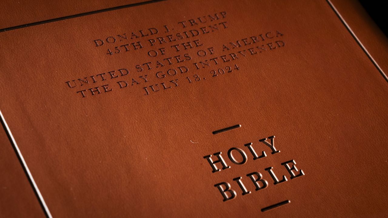 The front cover of Republican presidential nominee and former President Donald Trump's "God Bless the USA" Bible (AP Photo/Ben Curtis)