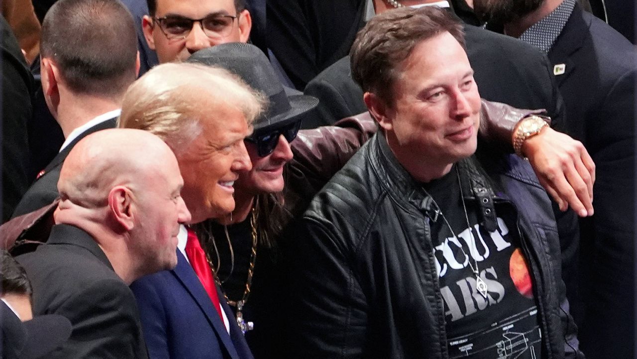 President-elect Donald Trump poses for a photo with Dana White, Kid Rock and Elon Musk at UFC 309 at Madison Square Garden, Saturday, Nov. 16, 2024, in New York. (AP Photo/Evan Vucci)