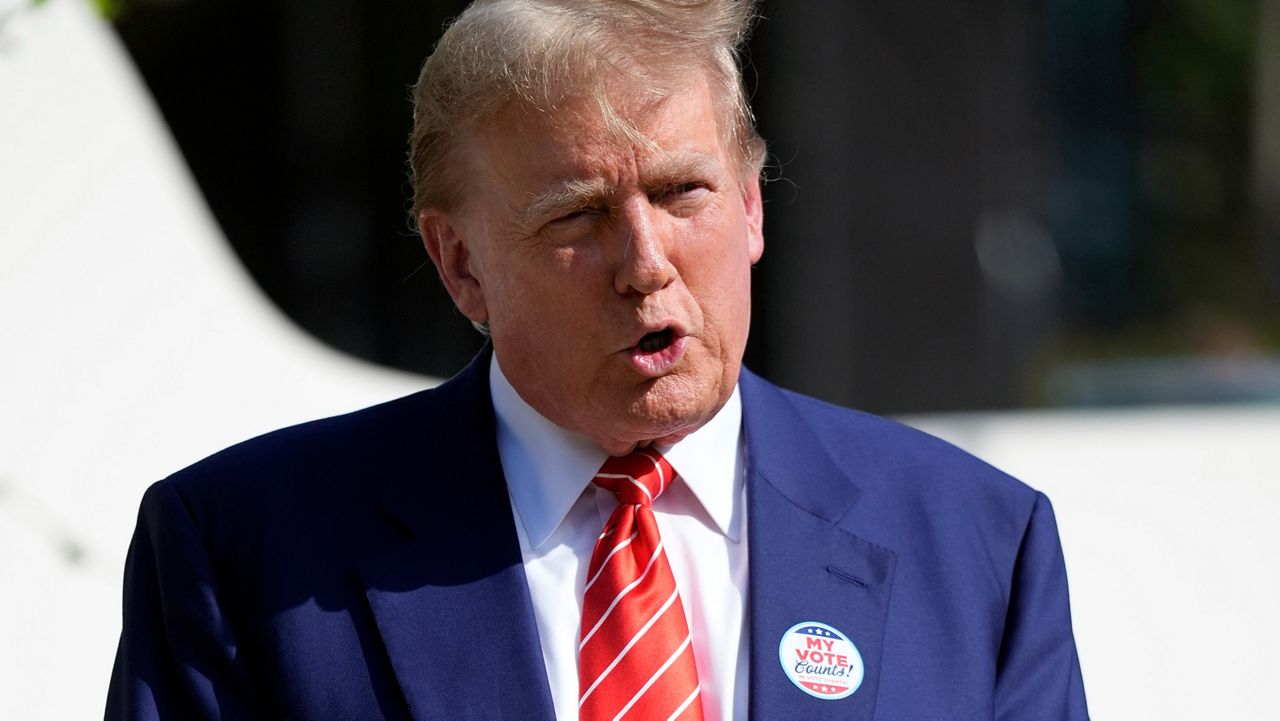 Republican presidential candidate former President Donald Trump speaks after voting in the Florida primary election in Palm Beach, Fla., Tuesday, March 19, 2024. (AP Photo/Wilfredo Lee)