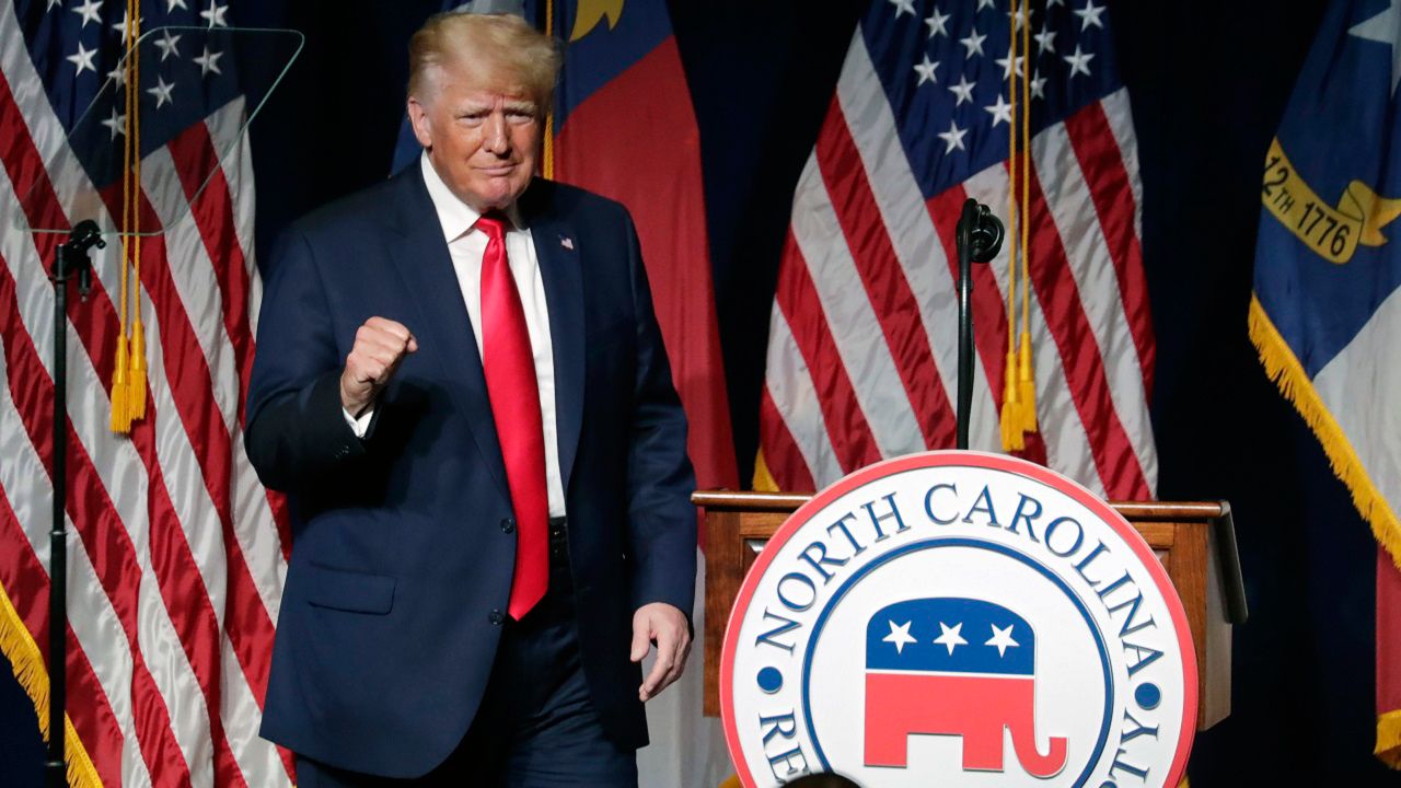 Former President Donald Trump acknowledges the crowd as he speaks at the North Carolina Republican Convention Saturday, June 5, 2021, in Greenville, N.C. (AP Photo/Chris Seward)