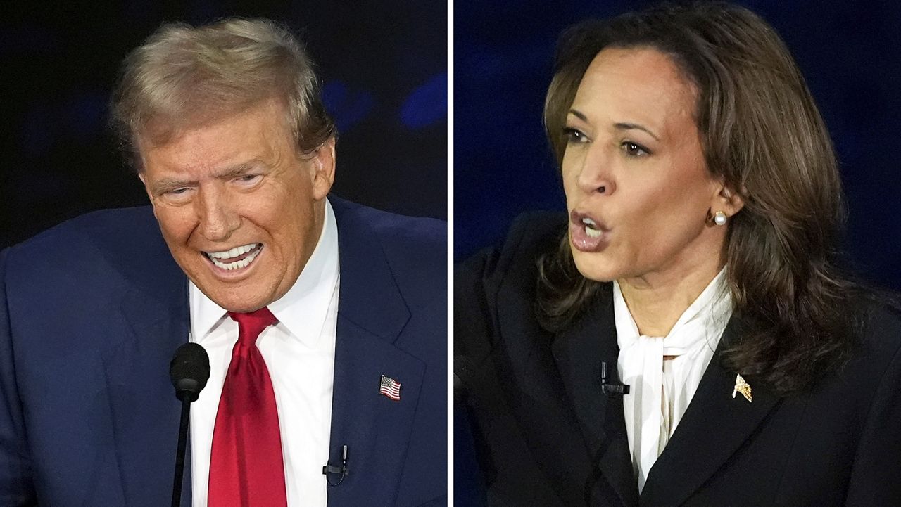 This combination of photos shows Republican presidential nominee and former President Donald Trump, left, and Democratic presidential nominee and Vice President Kamala Harris during an ABC News presidential debate at the National Constitution Center, Tuesday, Sept. 10, 2024, in Philadelphia. (AP Photo/Alex Brandon)