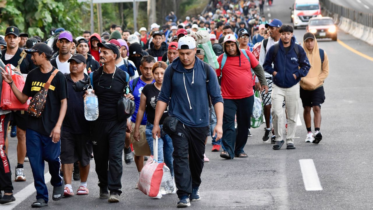 Migrants walk through Tapachula, Chiapas state, Mexico, in an attempt to reach the U.S. border, Monday, Jan. 20, 2025, the inauguration day of U.S. President Donald Trump. (AP Photo/Edgar H. Clemente, File)