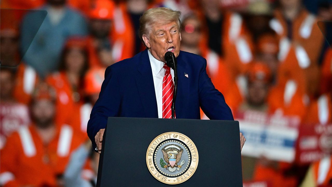 President Donald Trump speaks at U.S. Steel Mon Valley Works-Irvin Plant, Friday, May 30, 2025, in West Mifflin, Pa. (AP Photo/David Dermer)