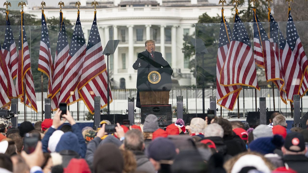 Then-President Donald Trump speaks during a rally on Jan. 6 protesting the presidential election results near the White House. (AP Photo/Evan Vucci)