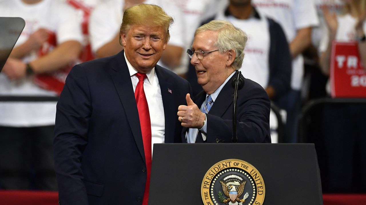 President Donald Trump, left, and Senate Majority Leader Mitch McConnell of Ky., greet each other during a campaign rally in Lexington, Ky., Nov. 4, 2019. (AP Photo/Timothy D. Easley)
