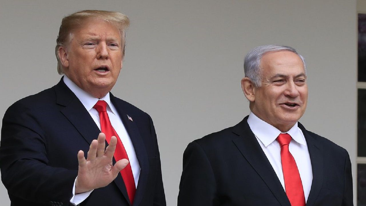 In this March 25, 2019, file photo, then-President Donald Trump welcomes visiting Israeli Prime Minister Benjamin Netanyahu to the White House in Washington. (AP Photo/Manuel Balce Ceneta, File)