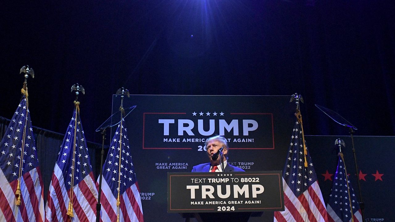 Former President Donald Trump speaks at a campaign event Monday, March 13, 2023, in Davenport, Iowa. (AP Photo/Ron Johnson) 