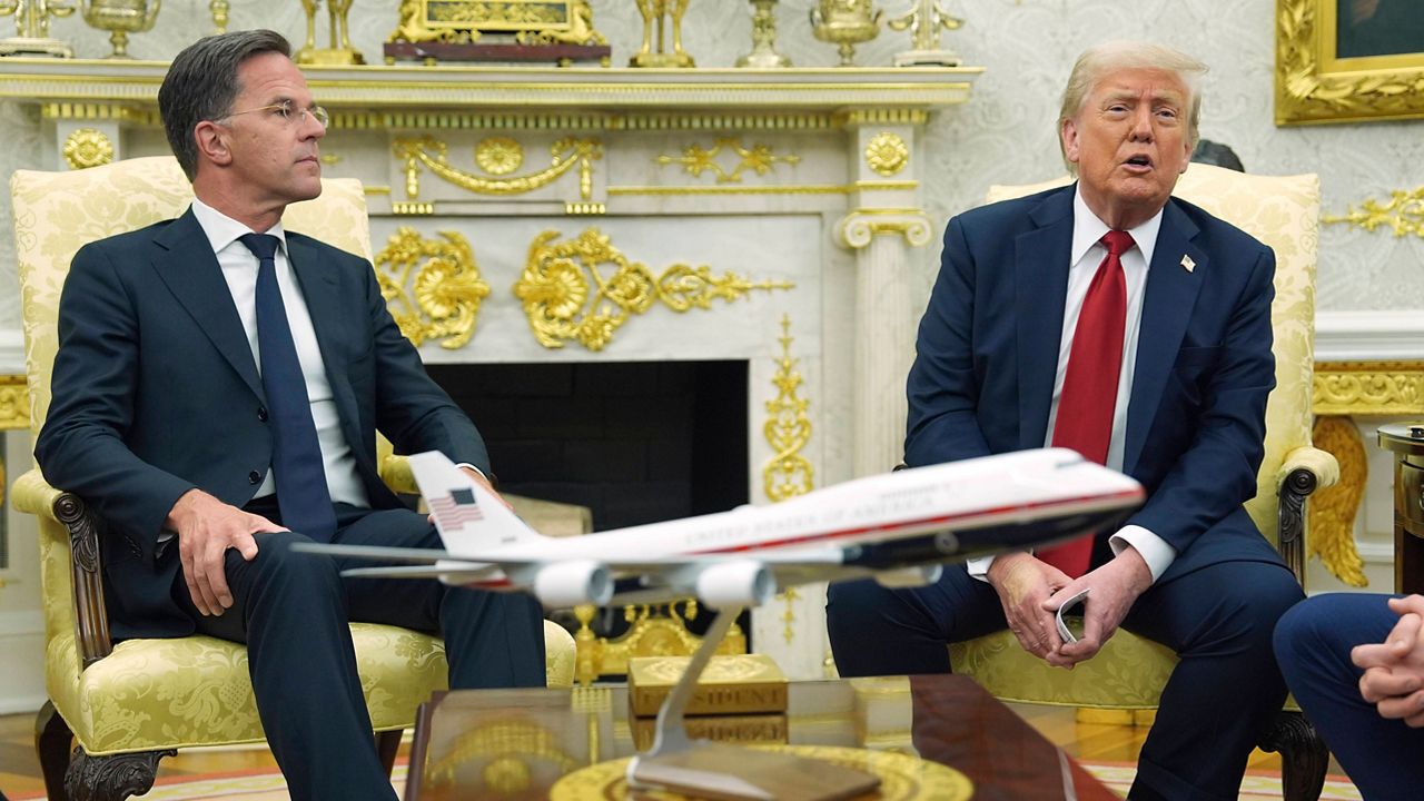 President Donald Trump, right, meets with NATO Secretary General Mark Rutte in the Oval Office of the White House, Monday, July 14, 2025, in Washington. (AP Photo/Evan Vucci)