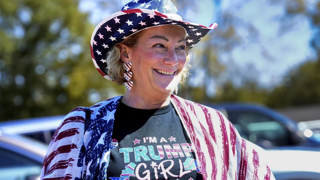 Trump supporter, Renee Kyro of Lake Lure, North Carolina at the Team Trump bus tour across North Carolina, Thursday, Oct. 17, 2024 in Rutherfordton, N.C. (AP Photo/Kathy Kmonicek)