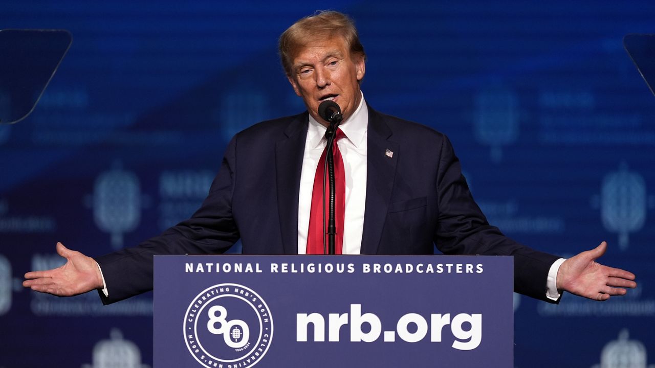 Republican presidential candidate former President Donald Trump speaks at the National Religious Broadcasters convention at the Gaylord Opryland Resort and Convention Center Thursday, Feb. 22, 2024, in Nashville, Tenn. (AP Photo/George Walker IV)