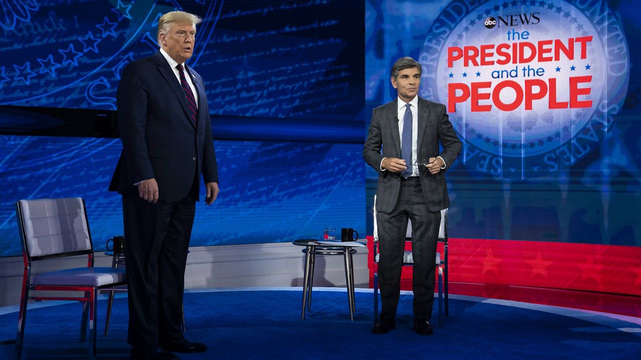 President Donald Trump talks with ABC News anchor George Stephanopoulos before a town hall in Philadelphia. (AP Photo/Evan Vucci)