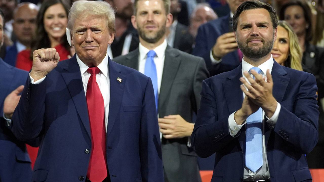 Republican presidential candidate former President Donald Trump, left, and Republican vice presidential candidate Sen. JD Vance, R-Ohio, attend the Republican National Convention, July 15, 2024, in Milwaukee. (AP Photo/Evan Vucci, File)