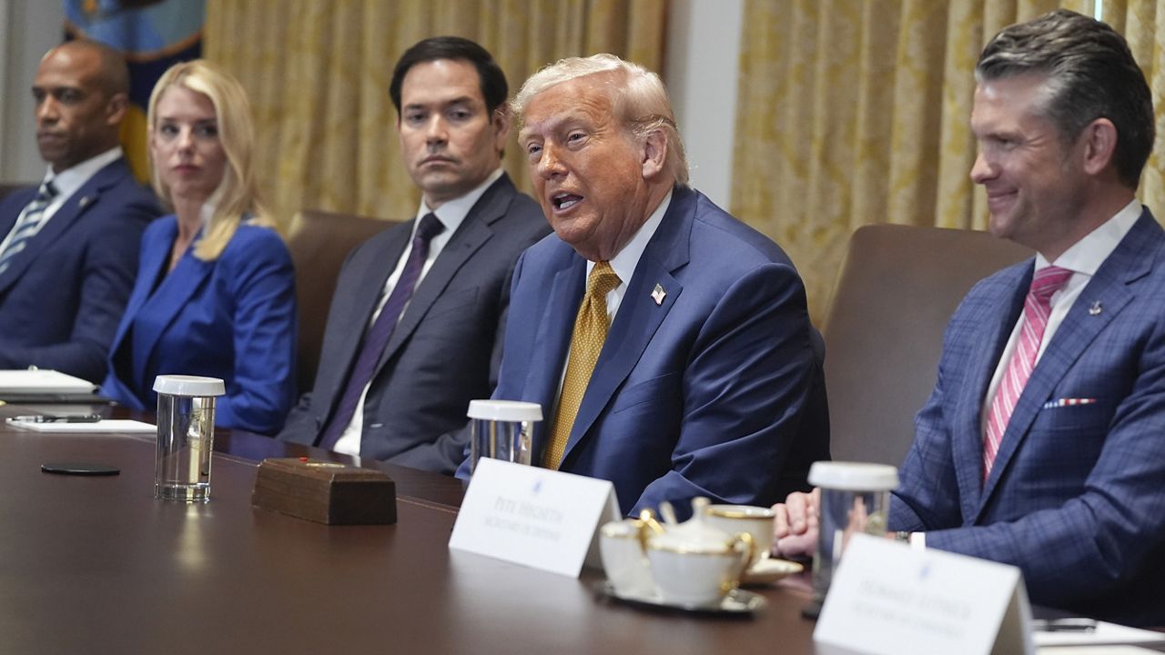 President Donald Trump, second from the right, speaks and is joined at a cabinet meeting with from l-r., Secretary of Housing, Eric Scott Turner, Attorney General Pam Bondi, Secretary of State Marco Rubio and Secretary of Defense Pete Hegseth, at the White House, Tuesday, July 8, 2025, in Washington. (AP Photo/Evan Vucci)