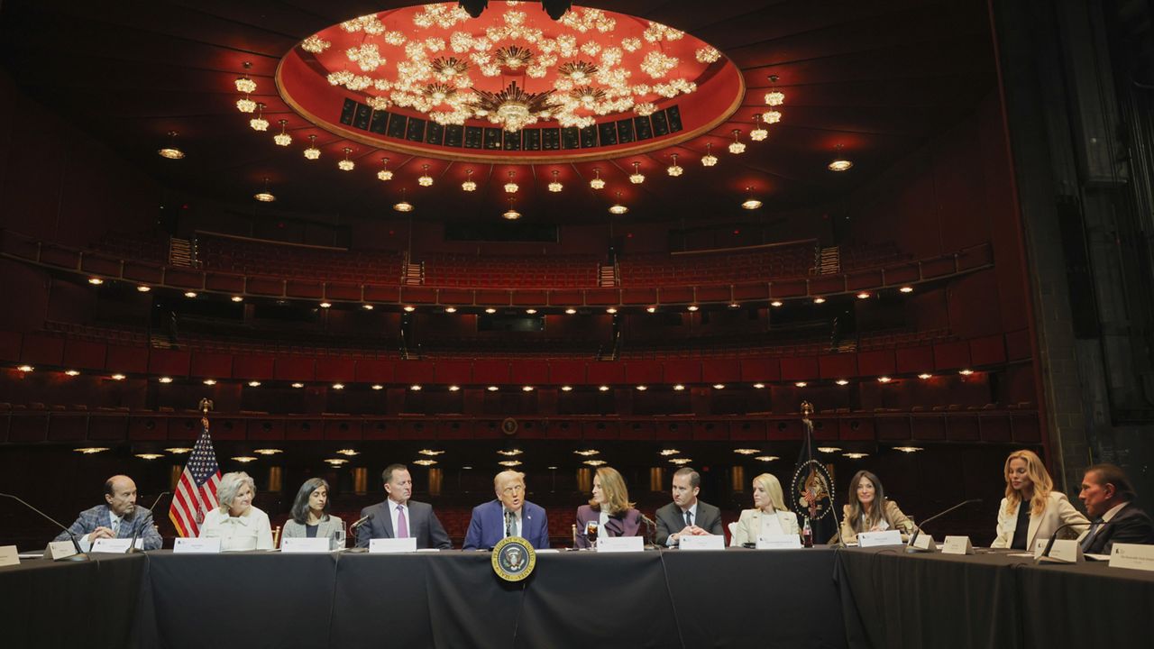 President Donald Trump attends a board meeting at the John F. Kennedy Center for the Performing Arts in Washington, Monday, March 17, 2025. (Pool via AP)