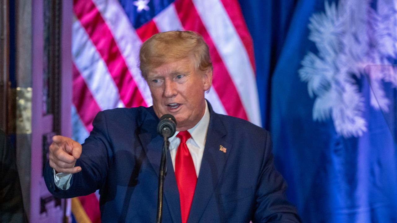 Former President Donald Trump speaks at a campaign event at the South Carolina Statehouse, Saturday, Jan. 28, 2023, in Columbia, S.C. (AP Photo/Alex Brandon)