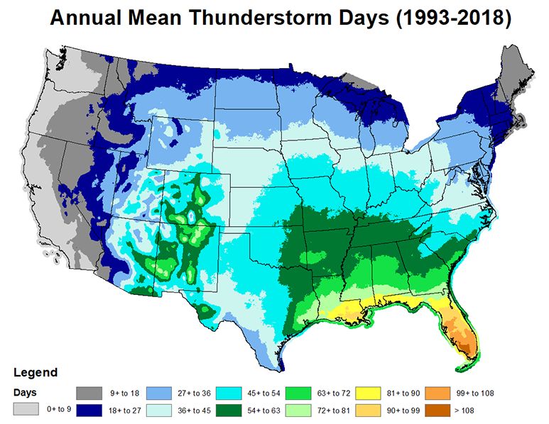 Florida leads in thunderstorm days each year