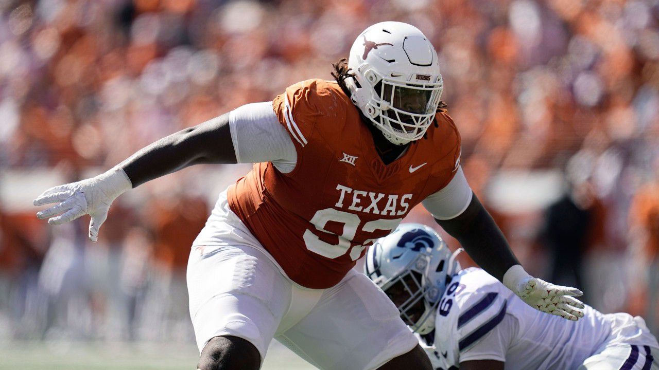 Texas defensive lineman T'Vondre Sweat (93) during the second half of an NCAA college football game against Kansas State in Austin, Texas, Saturday, Nov. 4, 2023. (AP Photo/Eric Gay)