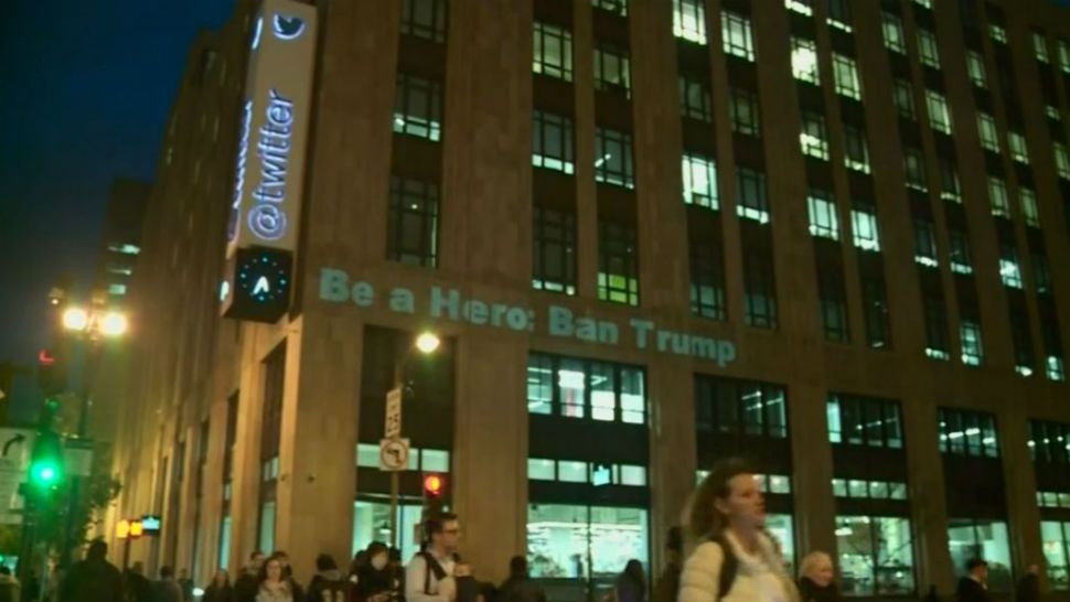 Activists protest Twitter in the hopes to have President Donald Trump banned from tweeting. 