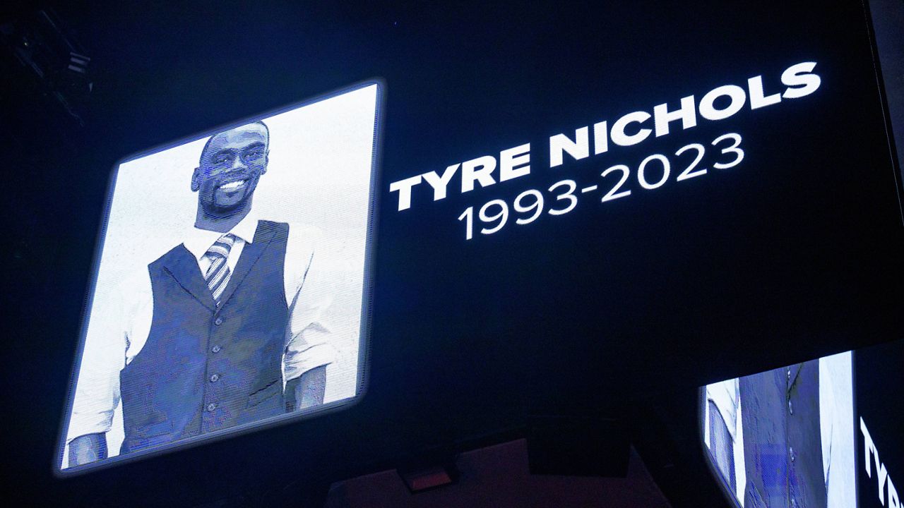 The screen at the Smoothie King Center in New Orleans honors Tyre Nichols before an NBA basketball game between the New Orleans Pelicans and the Washington Wizards on Jan. 28, 2023. (AP Photo/Matthew Hinton, File)