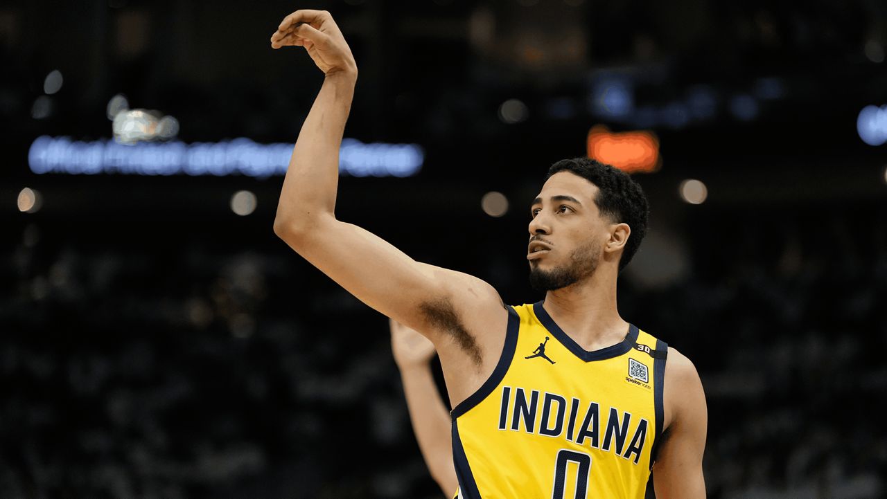 Indiana Pacers' Tyrese Haliburton reacts to his three pointer during the second half of Game 2 