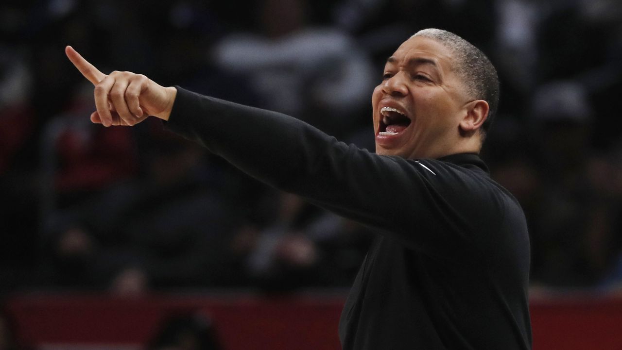 Los Angeles Clippers coach Tyronn Lue reacts during the first half of the team's NBA basketball game against the Utah Jazz, Friday, April 5, 2024, in Los Angeles. (AP Photo/Etienne Laurent)