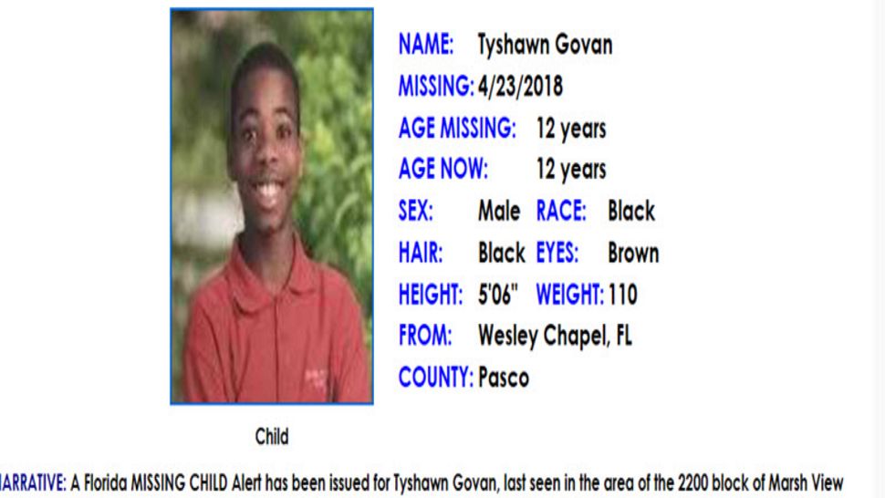 Tyshawn Govan, 12, was last seen in the area of the 2200 block of Marsh View Drive in Wesley Chapel Thursday. 