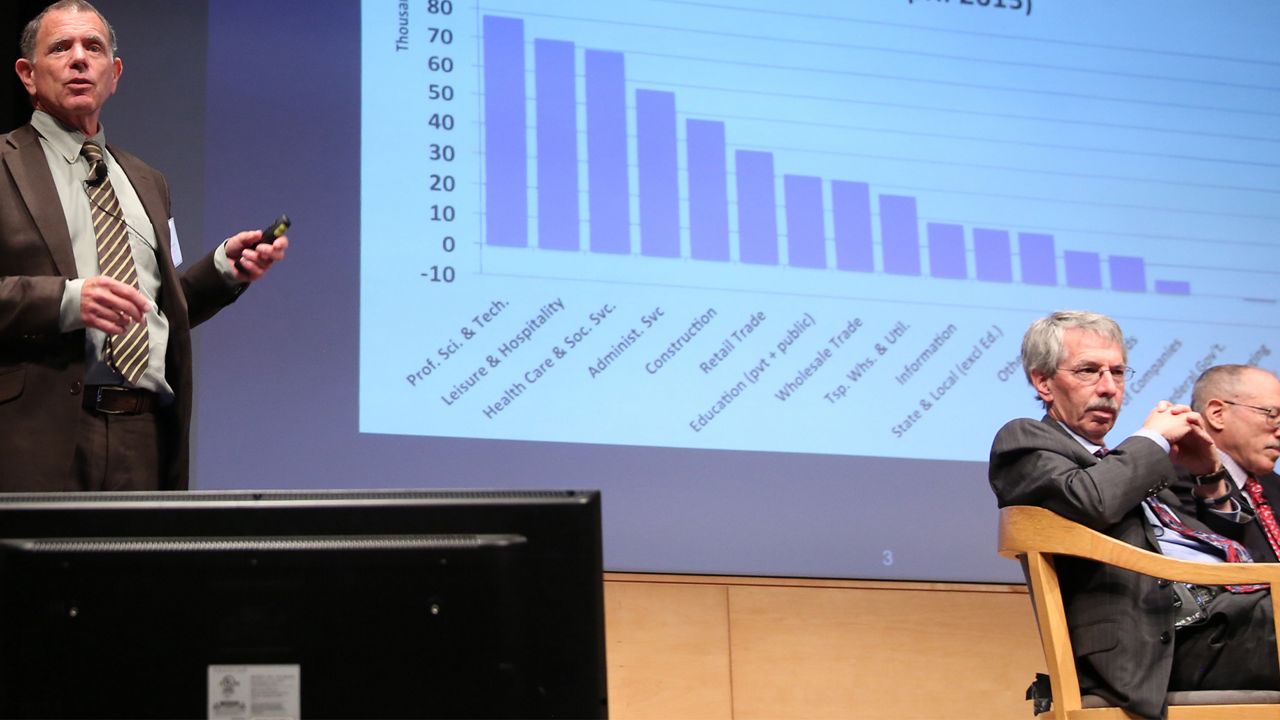 Senior Economist Jerry Nickelsburg discusses changes in California's job sectors at the June 2015 UCLA Anderson Forecast event at the UCLA campus on Wednesday, June 3, 2015, in Los Angeles. (Photo by Matt Sayles/Invision for UCLA Anderson School of Management/AP Images)