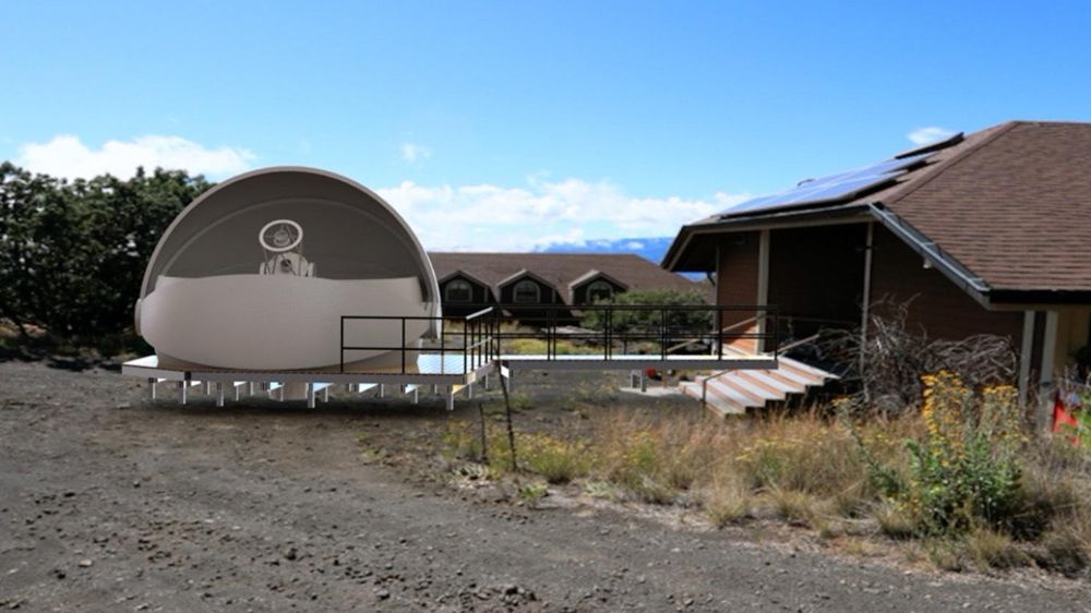 A rendering of the proposed teaching telescope housed in a dome set on a wooden deck. (Rendering courtesy of University of Hawaii at Hilo)