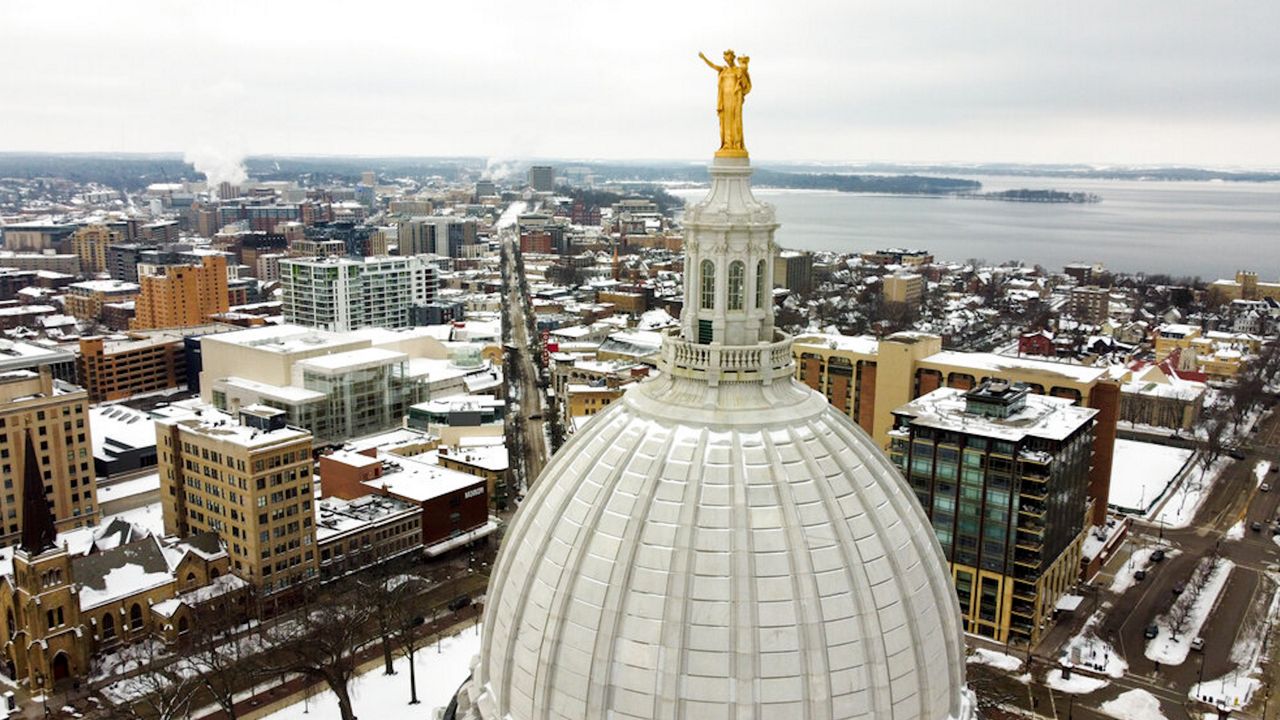 This image taken with a drone shows the Wisconsin State Capitol on Thursday, Dec. 31, 2020, in Madison, Wis. (AP Photo/Morry Gash)