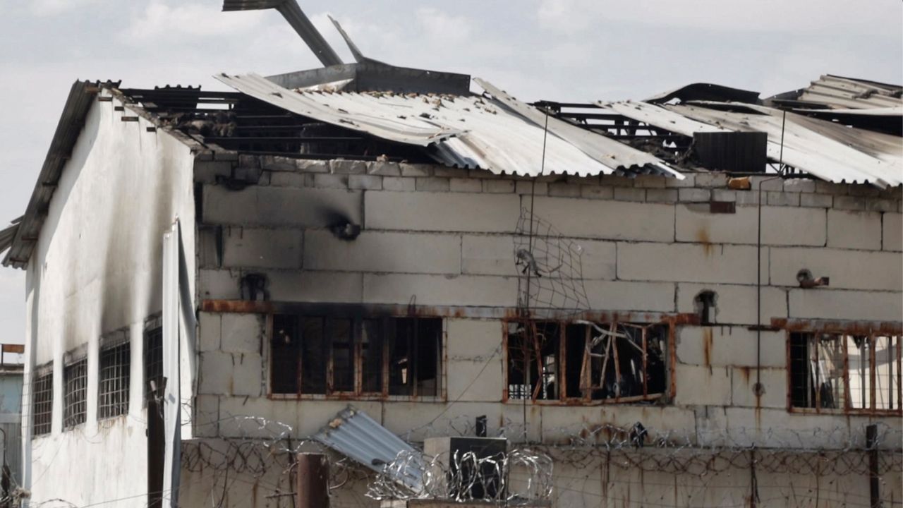 This photo taken from video shows a destroyed barrack at a prison in Olenivka, in an area controlled by Russian-backed separatist forces, eastern Ukraine, on Friday, July 29, 2022. (AP Photo)