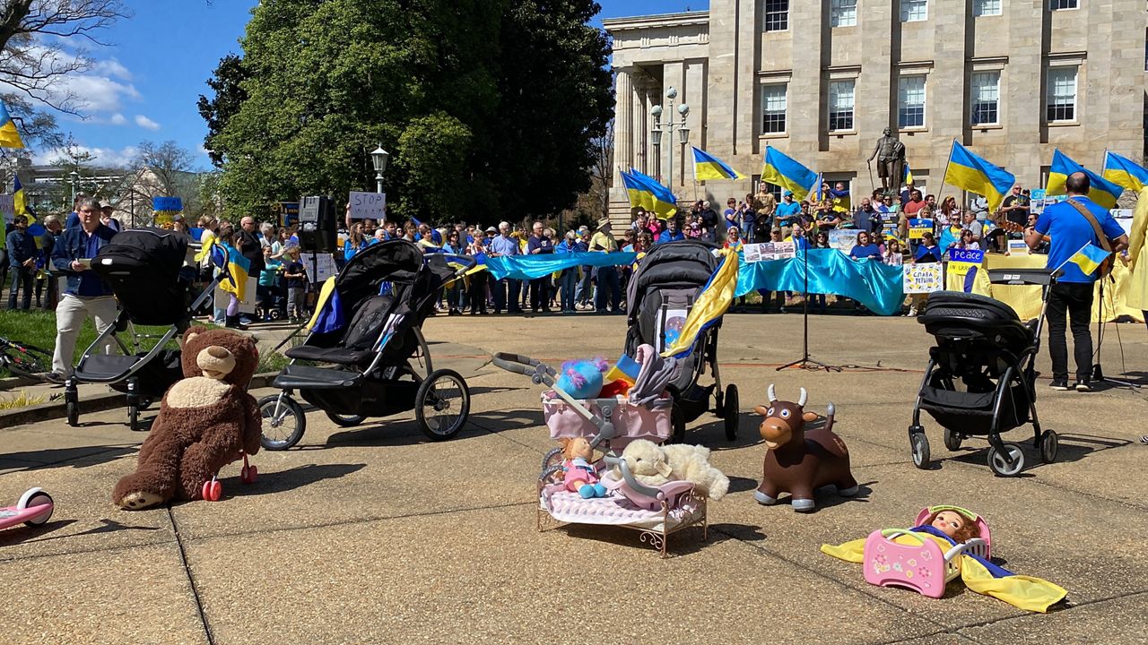 A crowd gathered outside the capitol in support of Ukraine.