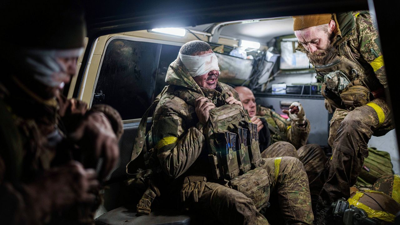 Injured Ukrainian servicemen arrive from the battlefield at Medical Service "Ulf" of the 108th Separate Battalion "Da Vinci Wolves" on Pokrovsk direction, Ukraine, Monday, Dec. 23, 2024. (AP Photo/Evgeniy Maloletka)