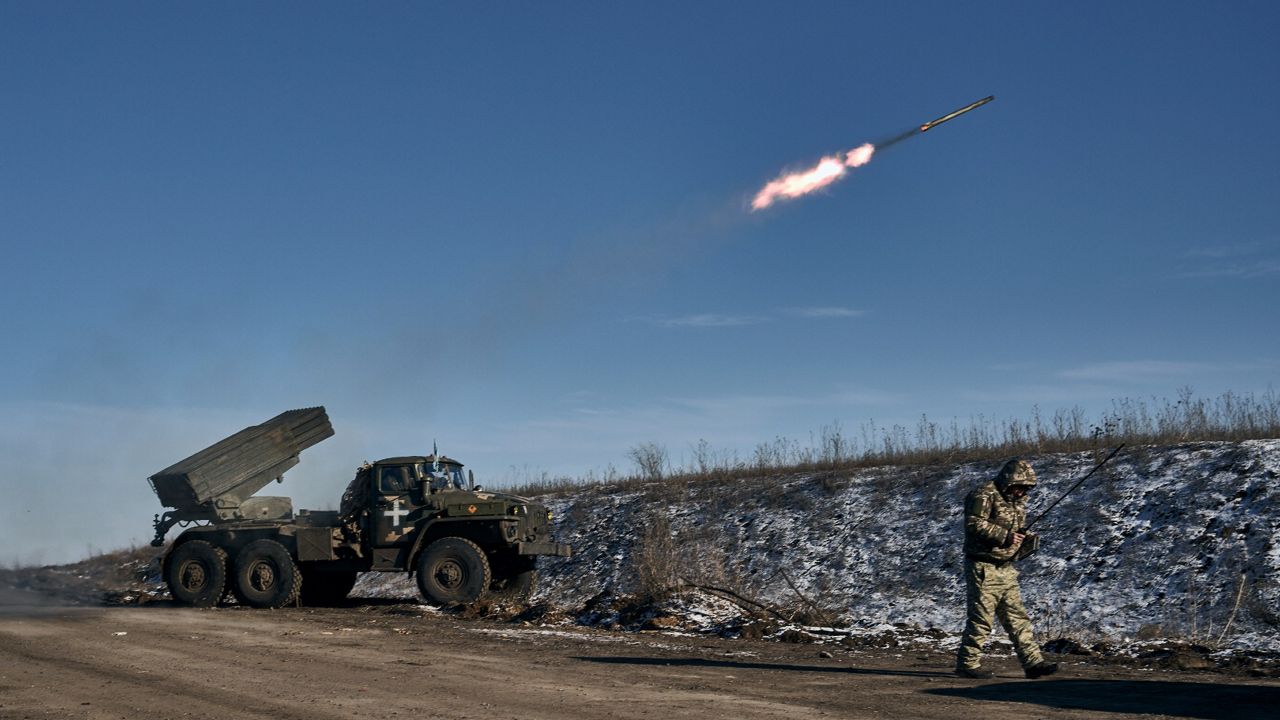 The Ukrainian army fires rockets Wednesday at Russian positions in the frontline near Soledar, Donetsk region, Ukraine. (AP Photo/Libkos, File)