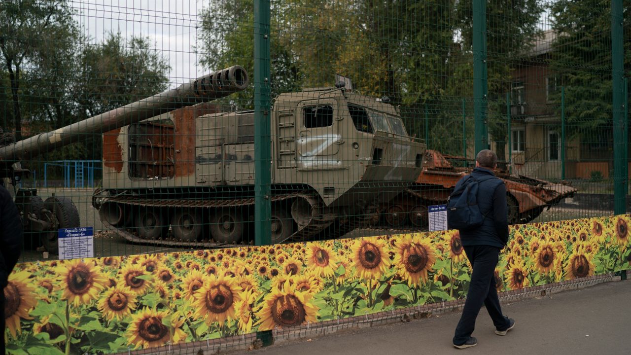 A man walks past a display of destroyed Russian military vehicles during the Defender of Ukraine Day in Kryvyi Rih, Ukraine, on Friday. (AP Photo/Leo Correa)